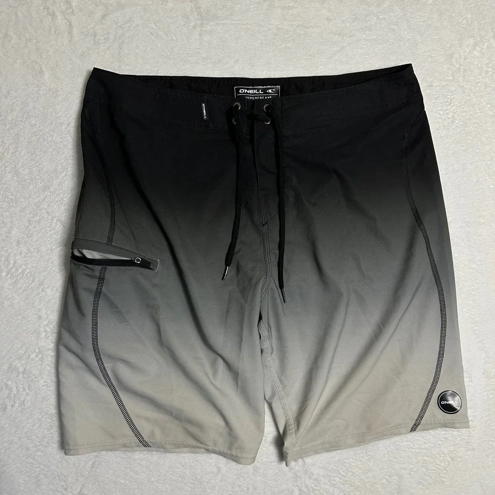 ONeill Hyperfreak Mens Board Shorts Black Grey Ombre Fade Size 34 Swim Trunks